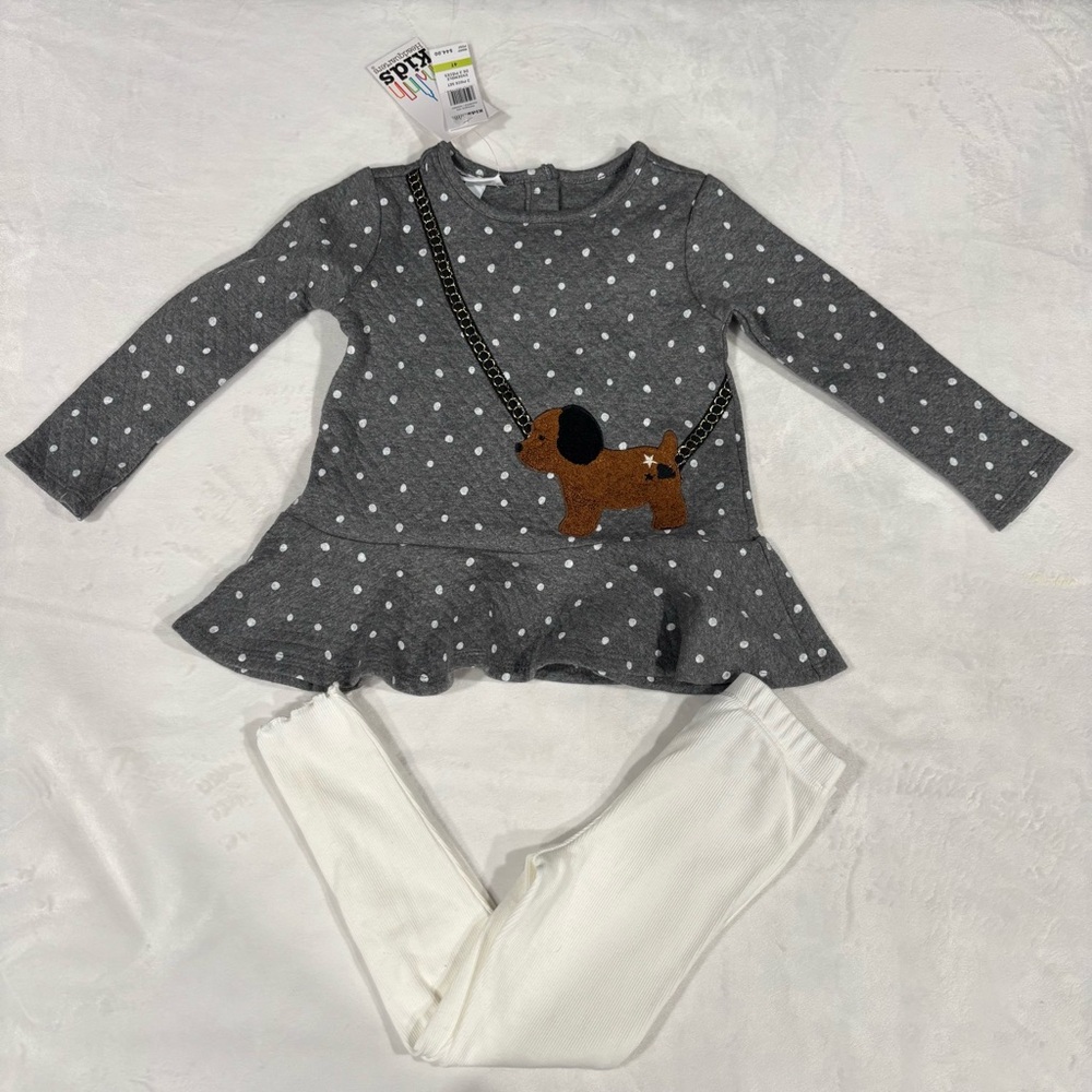 Girls Kids Headquarters Gray and White Polka Dot matching Set with dog accent